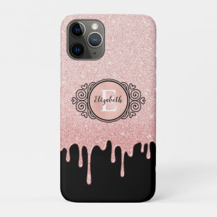 Girly Black Rose Gold Glitter Drips Monogram iPhone 11 Pro Case