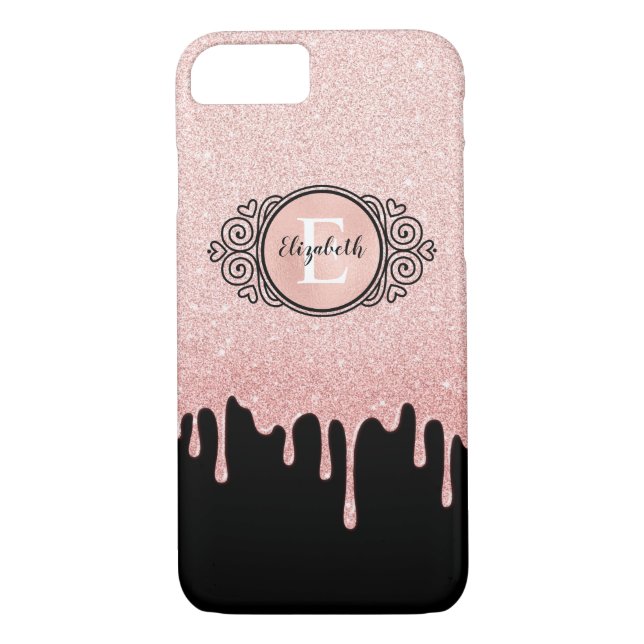 Girly Black Rose Gold Glitter Drips Monogram Case-Mate iPhone Case (Back)