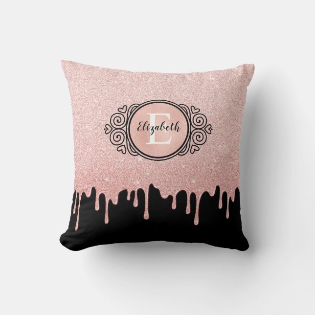 Girly Black Rose Gold Glitter Drips Monogram Cushion (Front)