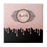 Girly Black Rose Gold Glitter Drips Monogram  Tile<br><div class="desc">A girly black and rose gold glitter drips ceramic tile with an elegant scroll monogram. Personalise it for yourself or for a gift! Designed for you by Blackberry Boulevard.</div>