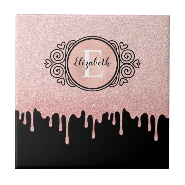 Girly Black Rose Gold Glitter Drips Monogram  Tile (Front)
