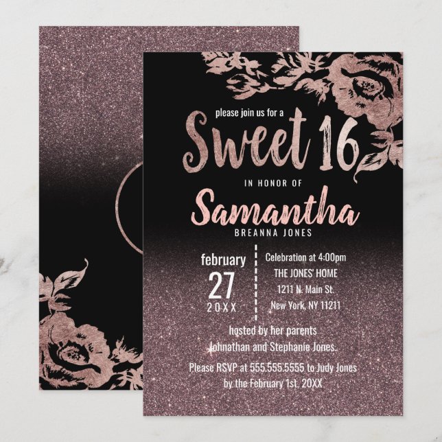 Girly Black Rose Gold Glitter Floral Sweet 16 Invitation (Front/Back)
