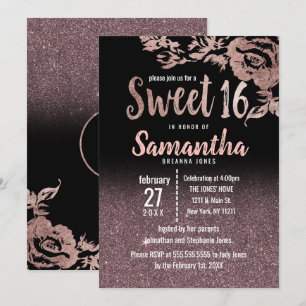 Girly Black Rose Gold Glitter Floral Sweet 16 Invitation