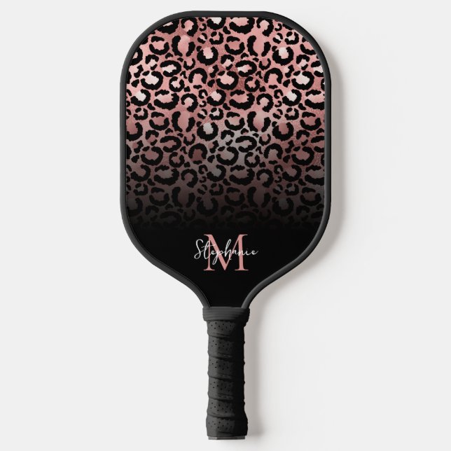 Girly Black Rose Gold Leopard Ombre Monogram Pickleball Paddle (Front)