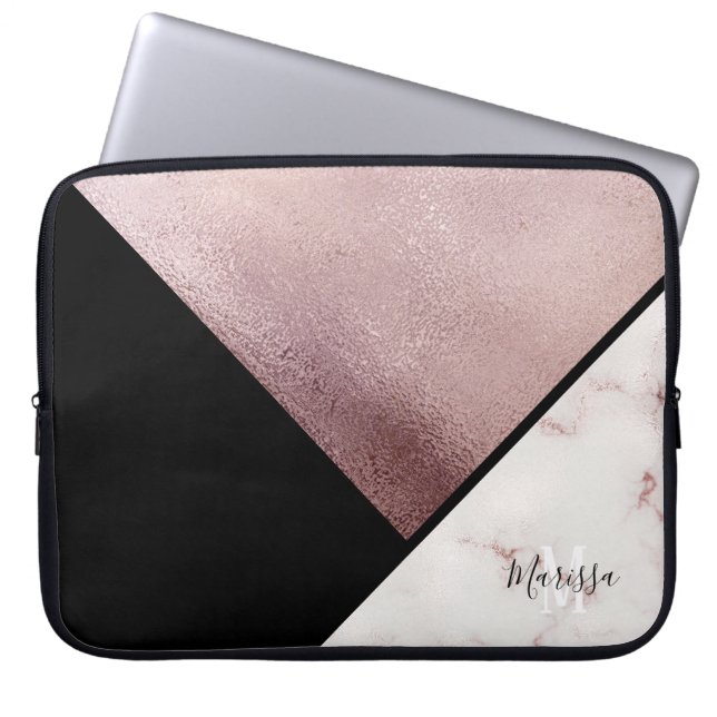 Girly Black & Rose Gold Marble Abstract Monogram Laptop Sleeve (Front)