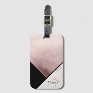 Girly Black & Rose Gold Marble Abstract Monogram Luggage Tag