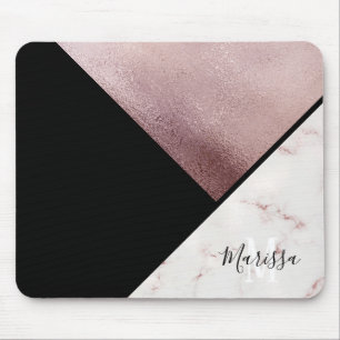 Girly Black & Rose Gold Marble Abstract Monogram Mouse Mat