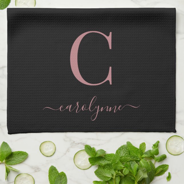 Girly Black Rose Gold Modern Monogram Name Tea Towel (Folded)