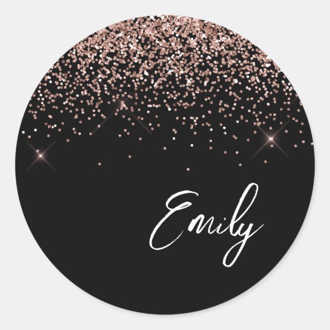 Girly Black Rose Gold Monogram Glam Name Classic Round Sticker (Front)