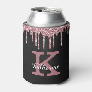 Girly Black Rose Gold Pink Drips Monogram Name Can Cooler