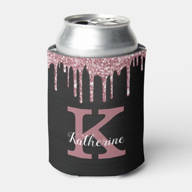Girly Black Rose Gold Pink Drips Monogram Name Can Cooler (Can Front)