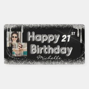 Girly Black & Silver Glitter Any Birthday Banner