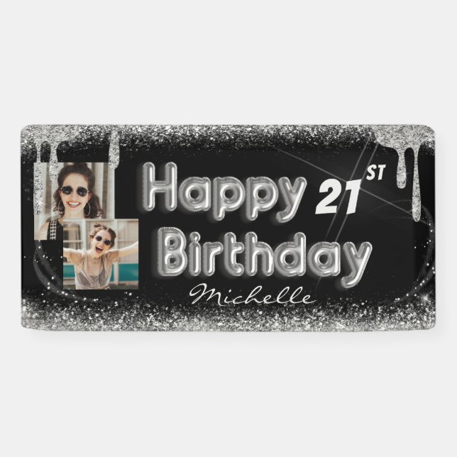 Girly Black & Silver Glitter Any Birthday Banner (Horizontal)