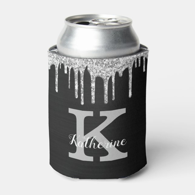 Girly Black Silver Glitter Drips Monogram Name Can Cooler (Can Front)