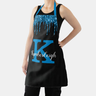 Girly Black Teal Blue Glitter Drips Monogram Name Apron