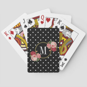 Girly Black Vintage Floral Polka Dots Monogram Playing Cards