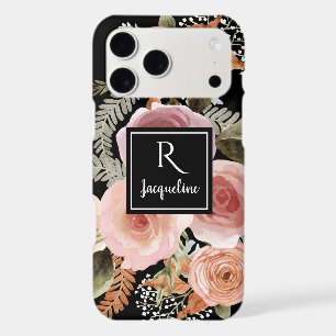Girly Black Watercolor Floral BOHO Greenery Name