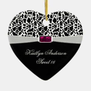 Girly Black White and Pink Jewel Sweet 16 Keepsake Ceramic Tree Decoration