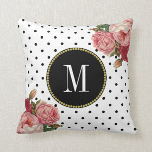 Girly Black White Dots Vintage Floral Monogram Cushion