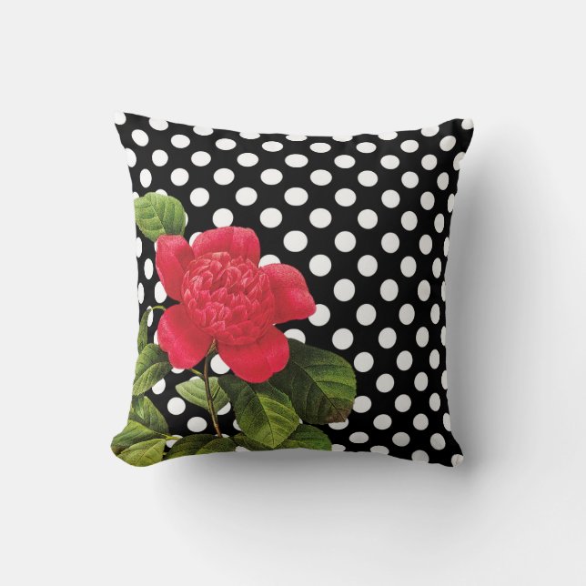 Girly Black White Polka Dots Red Camellia Flower Cushion (Front)