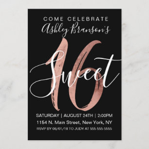 Girly Black White Rose Gold Foil Modern Sweet 16 Invitation