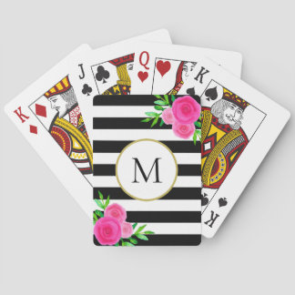 Girly Black White Striped Pink Floral Monogram Playing Cards