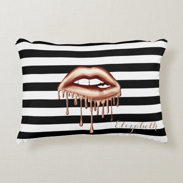 Girly Black White Stripes  Metallic Dripping Lips Decorative Cushion (Front)