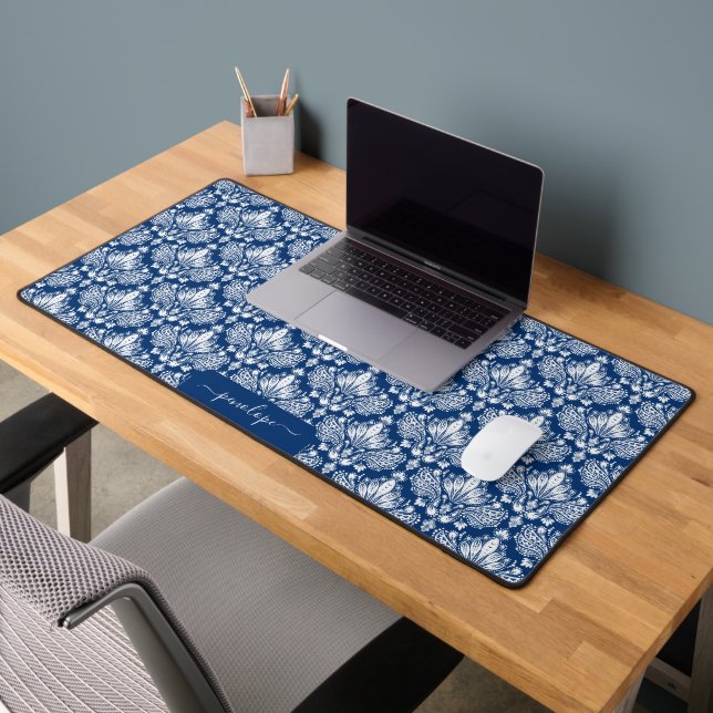 Girly blue and white damasks pattern monogram desk mat (Office 2)