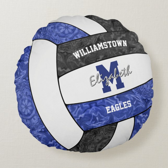 girly blue black volleyball team colours round cushion (Front)