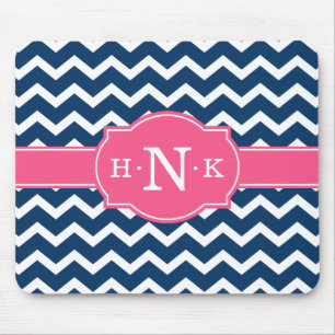 Girly Blue Chevron Pink Monogram Mouse Mat