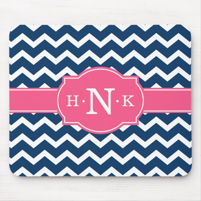 Girly Blue Chevron Pink Monogram Mouse Mat (Front)
