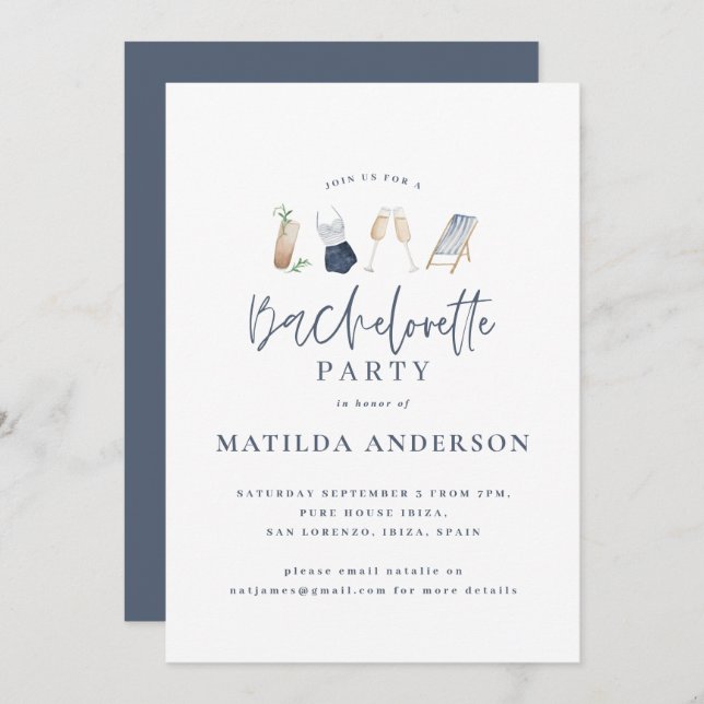 Girly blue drink bachelorette party modern stylish announcement (Front/Back)