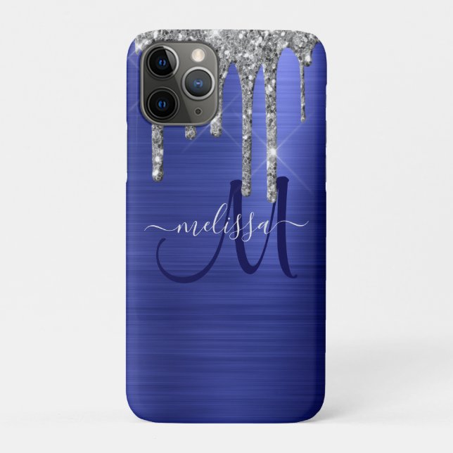 Girly Blue Dripping Glitter Brush Metal Monogram Case-Mate iPhone Case (Back)