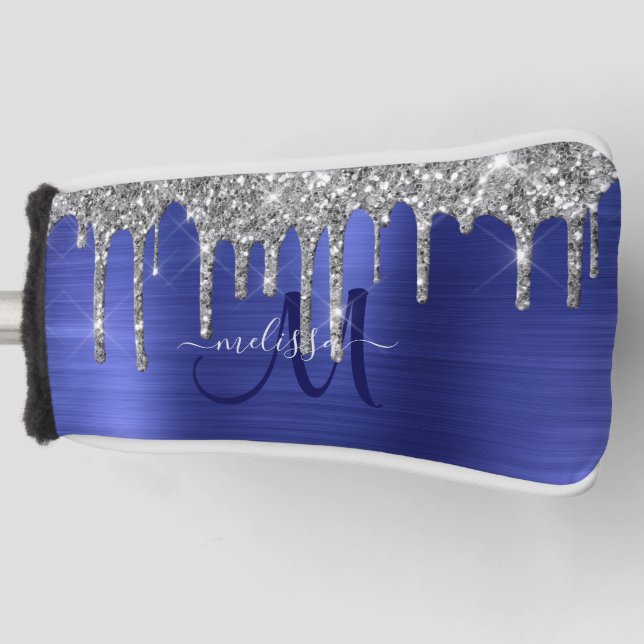 Girly Blue Dripping Glitter Brush Metal Monogram Golf Head Cover (Front)