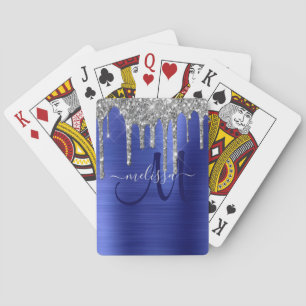 Girly Blue Dripping Glitter Brush Metal Monogram Playing Cards