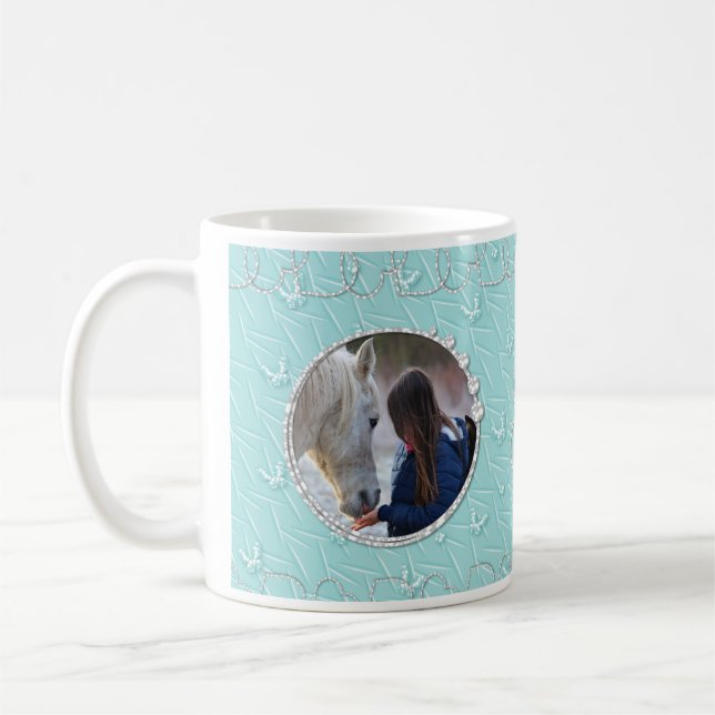 Girly Blue Faux Sparkly Two Photo Heart Accent Coffee Mug (Left)