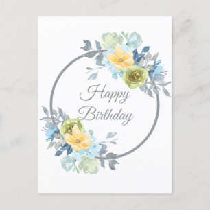 Girly Blue Floral Wreath Birthday  Postcard