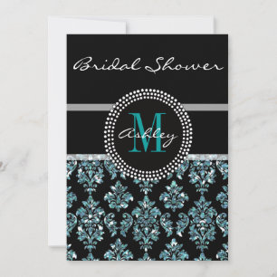 Girly Blue Glitter Black Damask Bridal Shower Invitation
