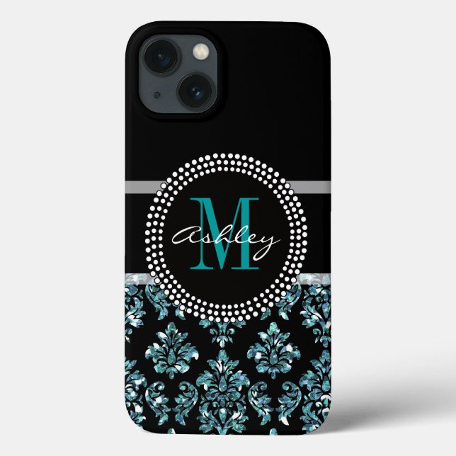Girly Blue Glitter Black Damask Personalised Case-Mate iPhone Case (Back)