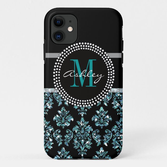 Girly Blue Glitter Black Damask Personalised Case-Mate iPhone Case (Back)