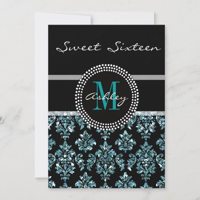 Girly Blue Glitter Black Damask Personalised Party Invitation (Front)