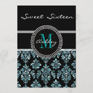 Girly Blue Glitter Black Damask Personalised Party Invitation