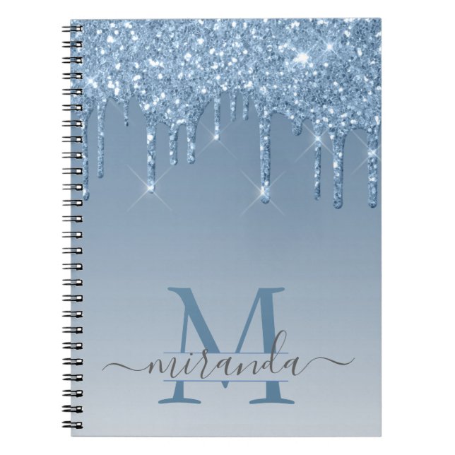 Girly Blue Glitter Drips Ombre Monogram Notebook (Front)