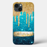 Girly Blue Glitter Gold Drips Sparkle Glam Stars