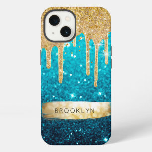 Girly Blue Glitter Gold Drips Sparkle Glam Stars iPhone 13 Case