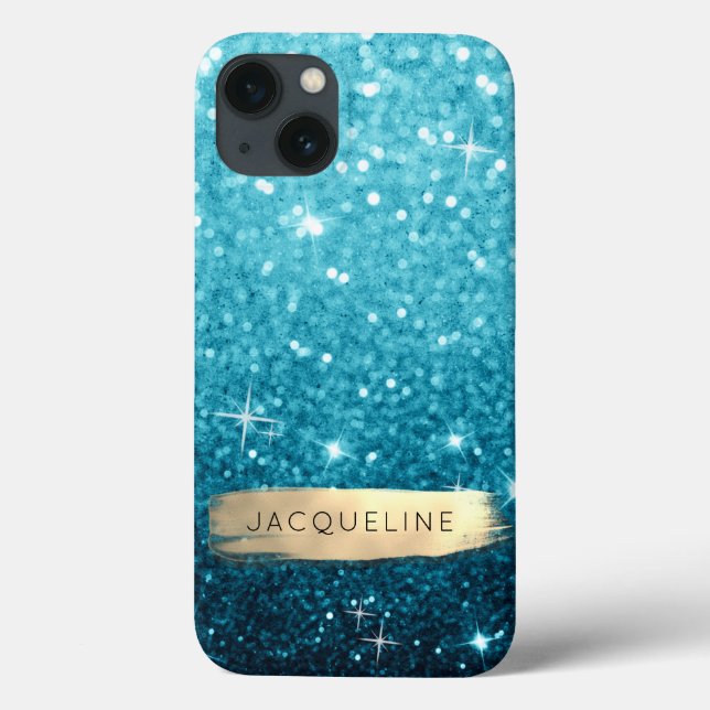 Girly Blue Glitter n Gold Brush Stroke Stars Name Case-Mate iPhone Case (Back)