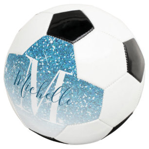 Girly Blue Glitter Sparkles Monogram Script Name Football