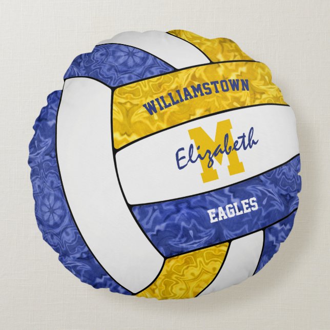 girly blue gold volleyball club team school colour round cushion (Front)