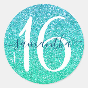 Girly Blue Green Faux Glitter Personalised 16 Classic Round Sticker
