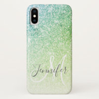 Girly Blue Green Glitter Blush Monogram Name